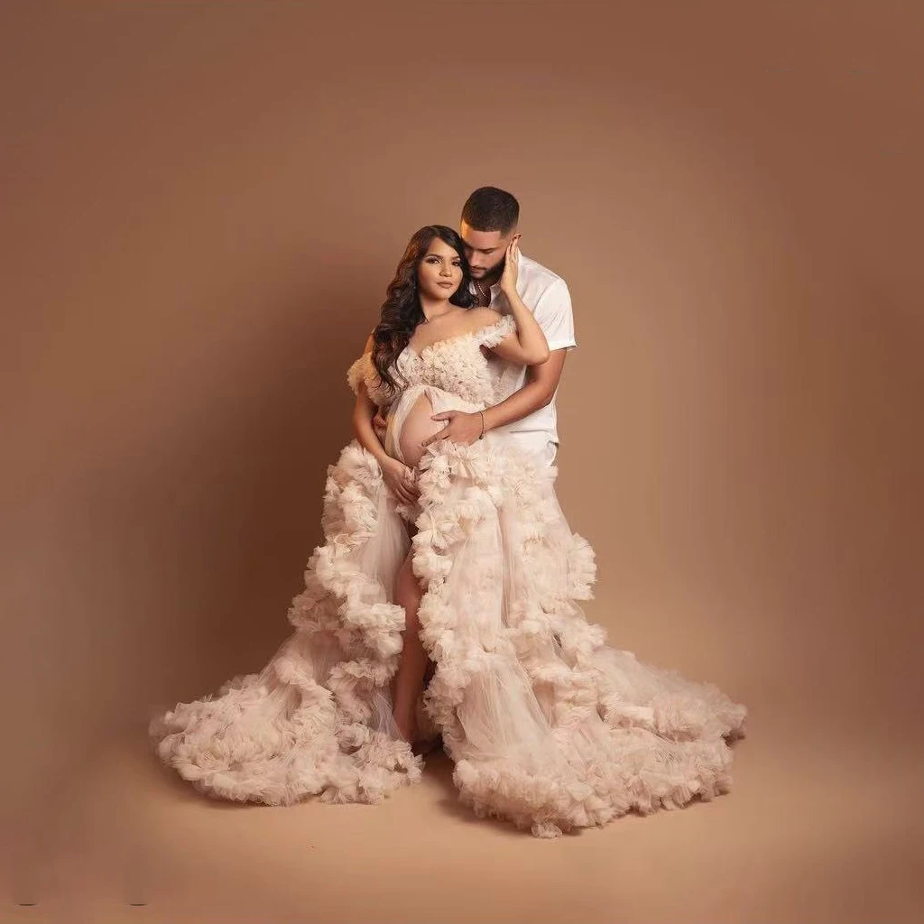 

Elegance Beige Maternity Dress for Photo Shoot Off Shoulder Big Volumn Babyshower Dress Off Shoulder Extra Lush Maternity Gown