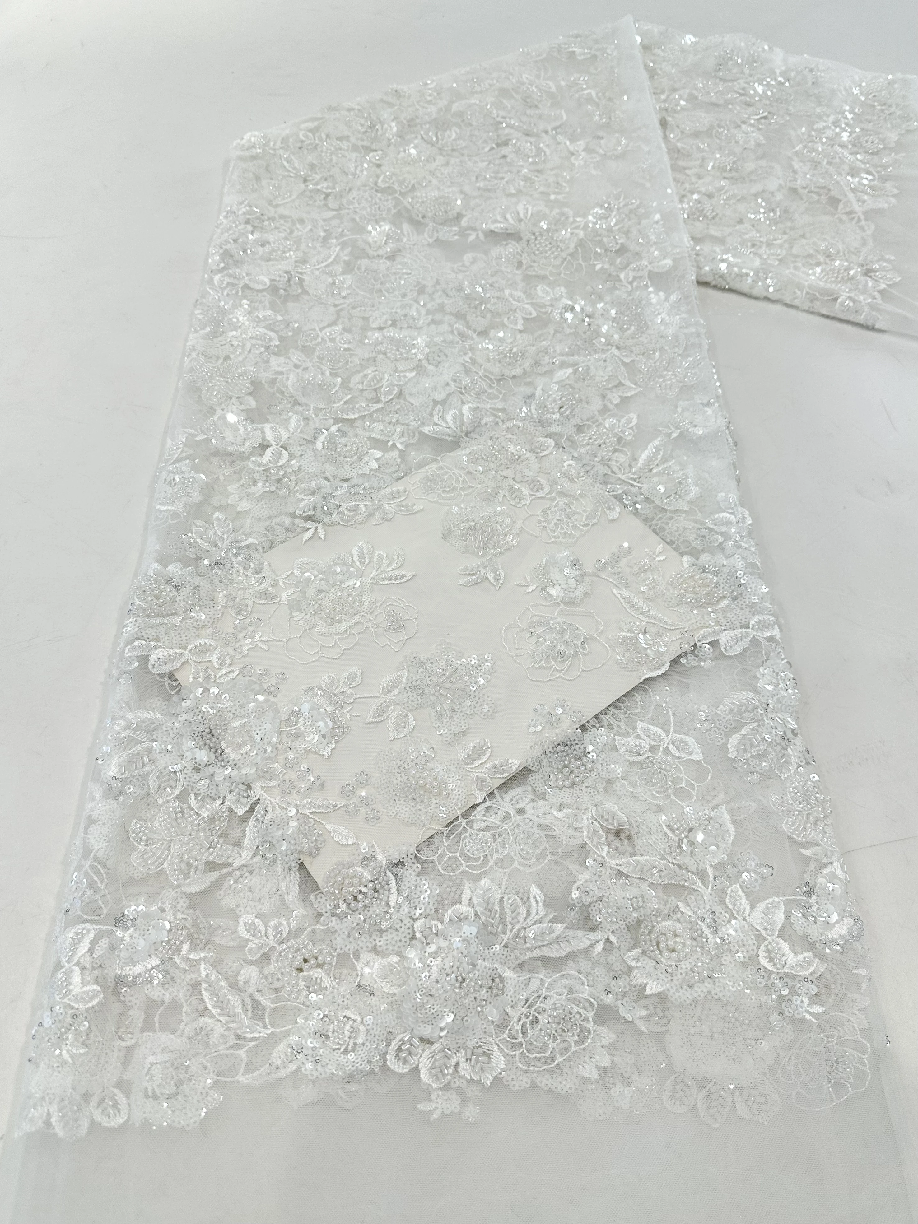 White Sequin Lace Fabric 5 Yards Party Bridal Dubai Handmade Crystal Beads New High Quality Luxury African Beaded Tulle Sequence