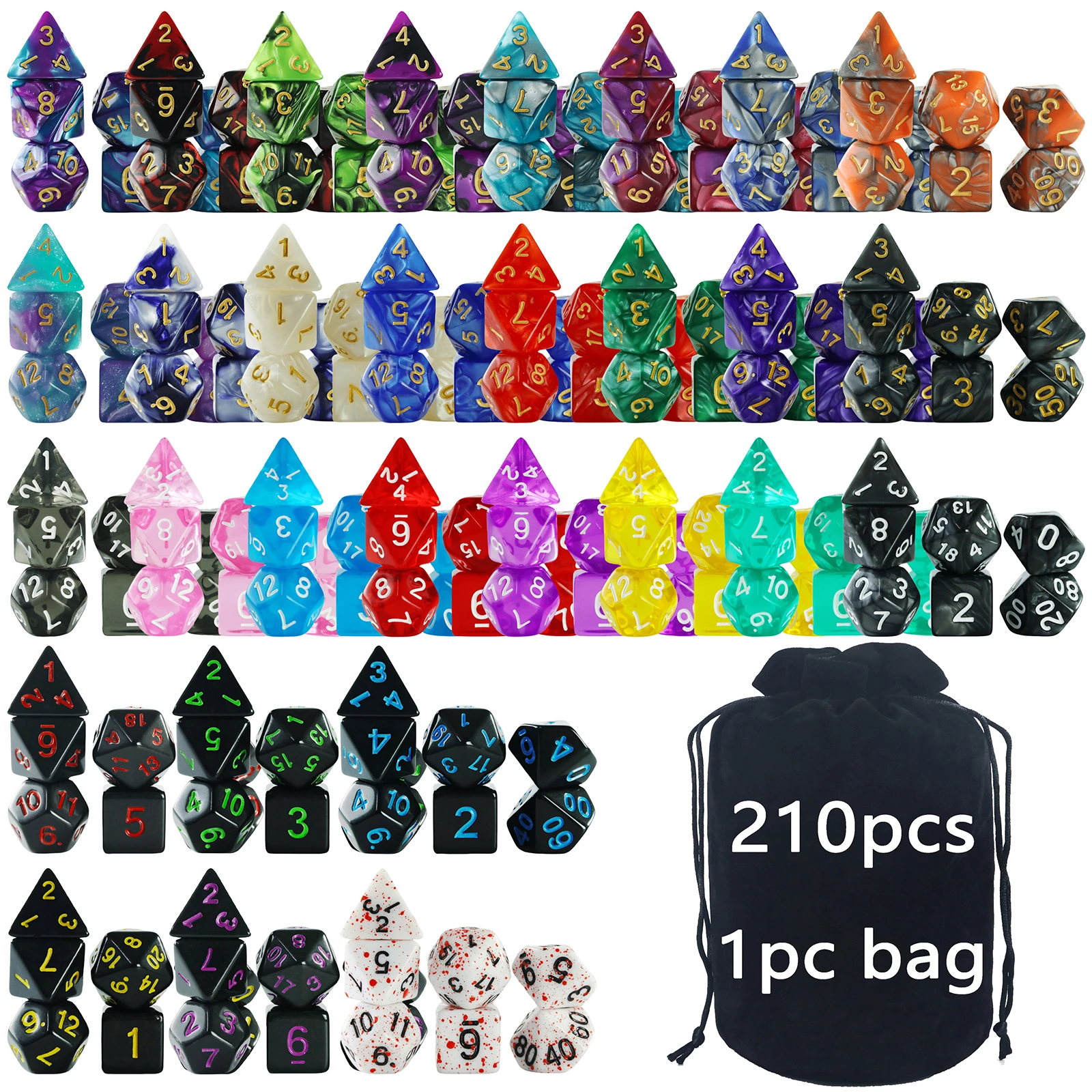 

210 Pcs Multicolour Dice Set Polyhedral RPG DND Role Playing Dragons Board Game Multiple Dice with Bag