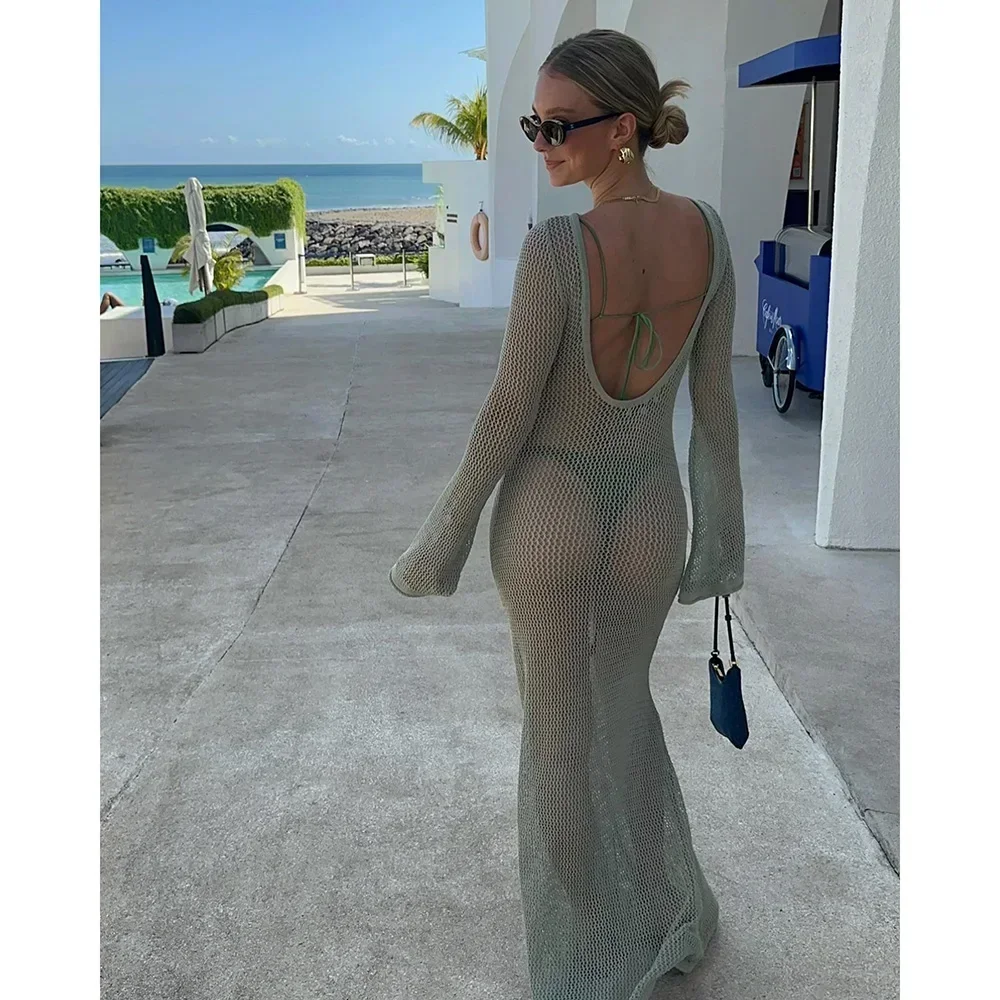 2025 Beach Cover Up Crochet Tunic Bikini Cover-ups Long Sleeve Sexy Hollow Out See Through Maxi Knit Dress Women Summer Outfits