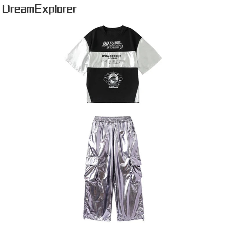 Boys Hip Hop Patchwork T-shirt Silver Street Dance Cargo Pants Girls Sequin Streetwear Kids Jazz Clothes Children Stage Costumes