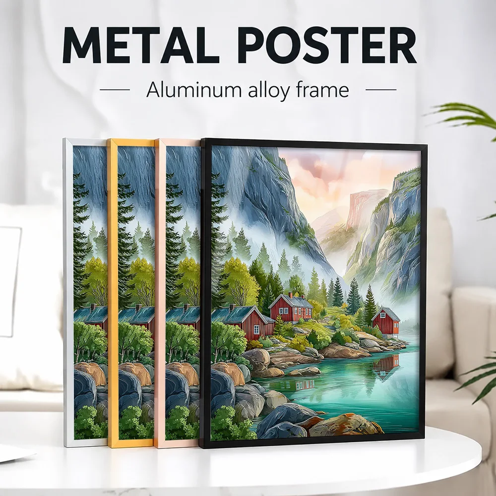 Nordic Fjord Featuring Red Cabins Metal Poster With Aluminum Alloy Frame Personalized Photo Scenic Style Wall Art For Apartment