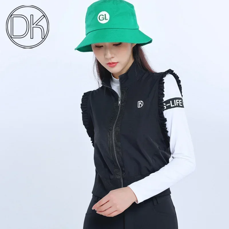 DK Women Golf Jackets Ladies Slim Full Zipper Golf Vest Ladies Ruffled Sleeveless Sport Wastcoat Women Outdoor Casual Wear S-2XL