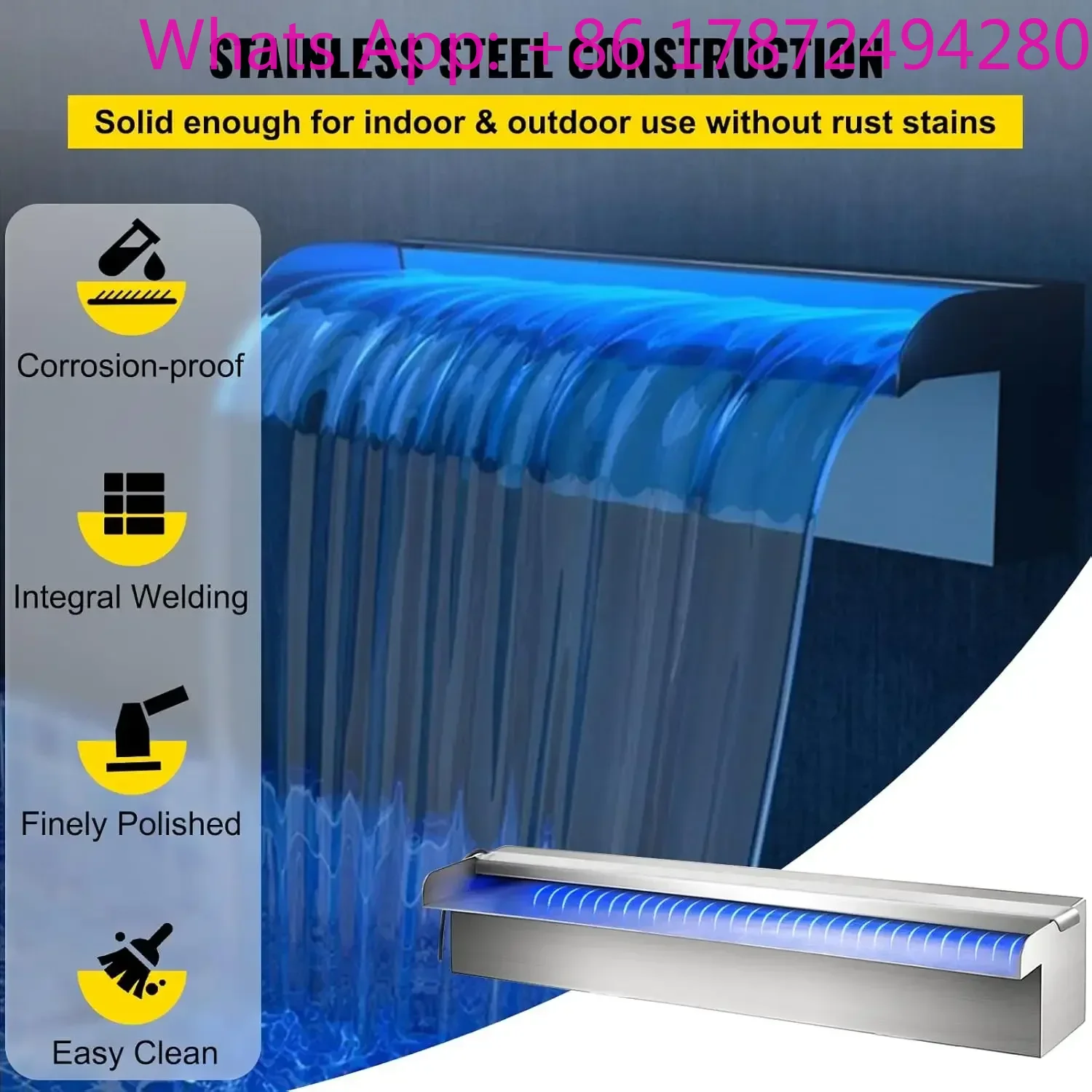 Pool Fountain Stainless Steel Pool Waterfall  with LED Strip Light Waterfall Spillway