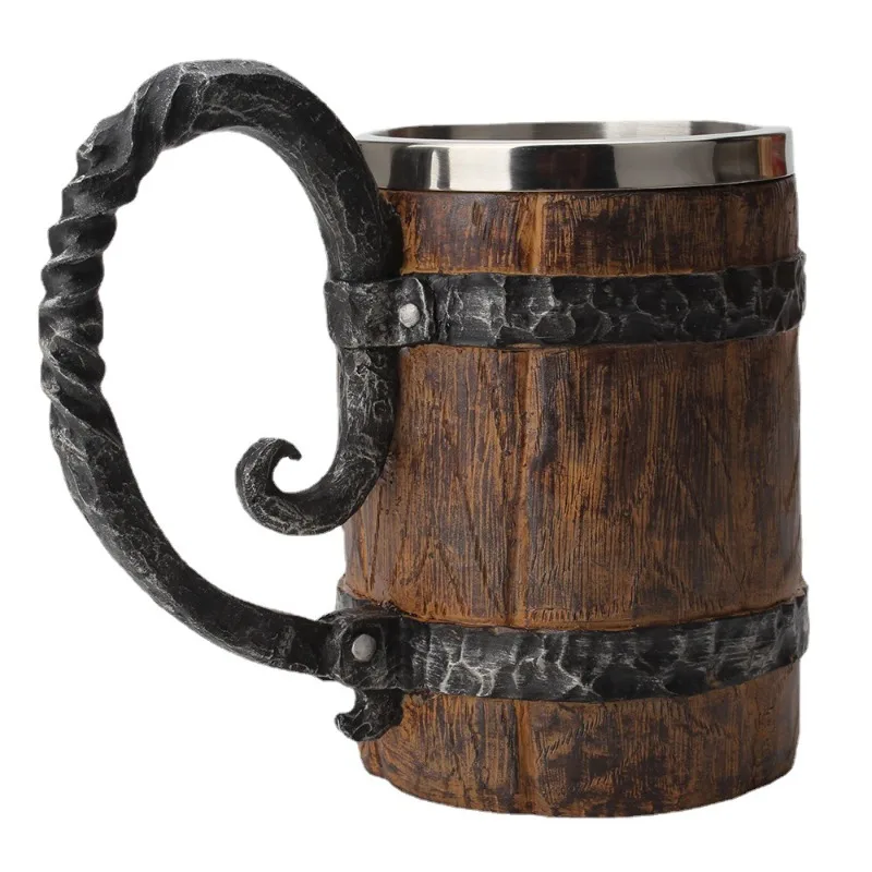 Wood Style Beer Mug Simulation Wooden Barrel Beer Cup Double Wall Drinking Mug Metal Insulated Bar Drinking Coffee Cup