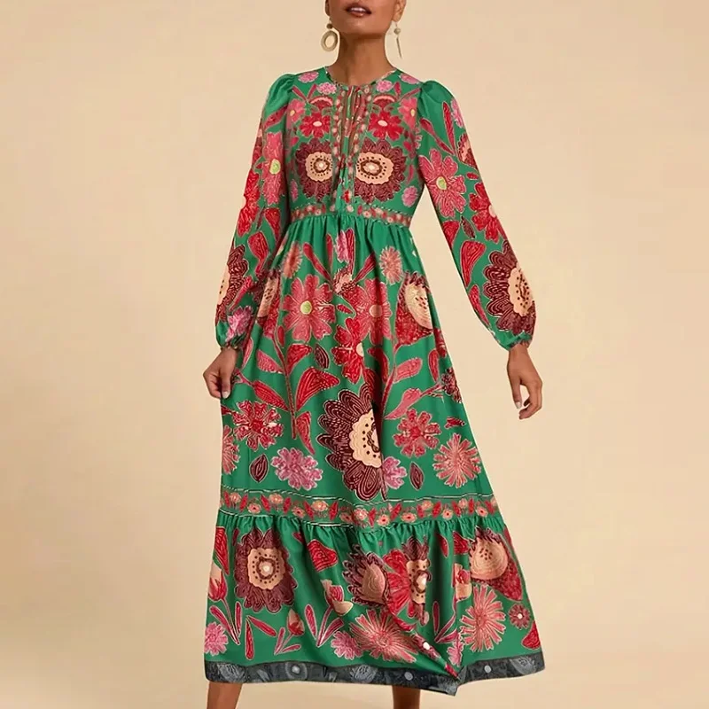 가을 O넥 레이스업 루즈핏 출퇴근룩 휴가 하이웨이스트 플리츠 로브 드레스 플라워 프린트 랜턴 슬리브 여성 원피스