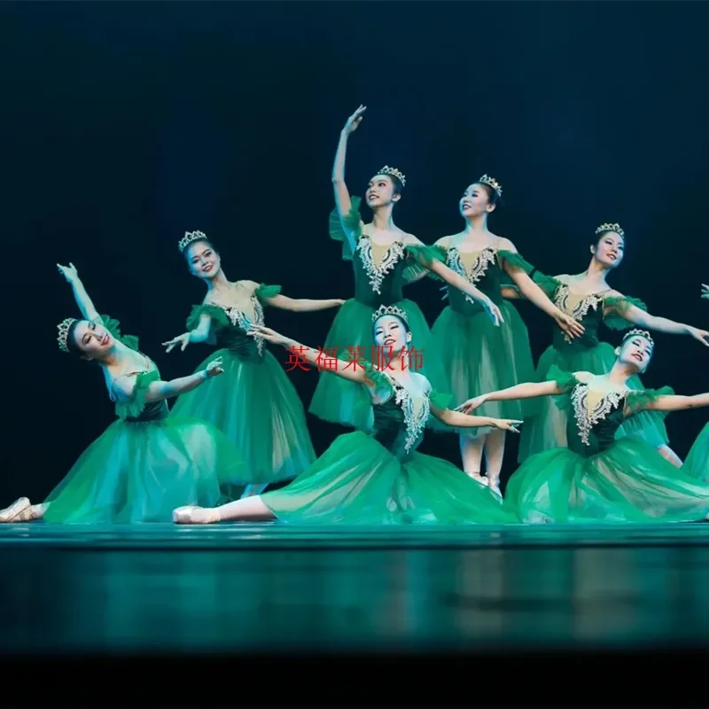 Tutu infantil verde com suspensório longo, saia de gaze bufante, pequeno cisne, traje profissional de uma peça