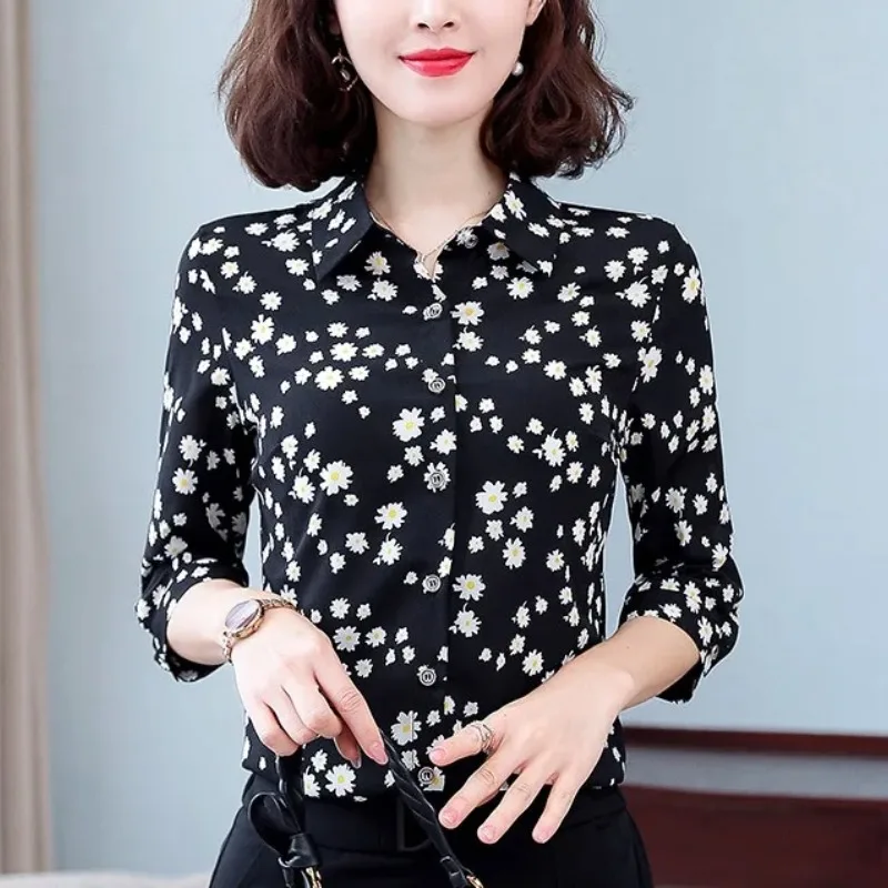 Spring Autumn Turn-down Collar Flower Daisy Printing Button Long Sleeve Shirt Casual Cardigan All-match Contrast Color Tops