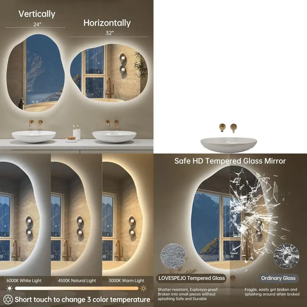 24x32 Inch LED-Illuminated Bathroom Mirror, Asymmetrical Design, Fogless, Dimmable, 3 Color Options, Horizontal/Vertical Mount