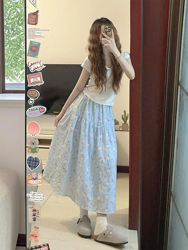 Blue Floral A-Line Midi Skirt Women's Summer New Beach Vacation Cake Skirt Gentle Style High Waist Polyester Silk Blend