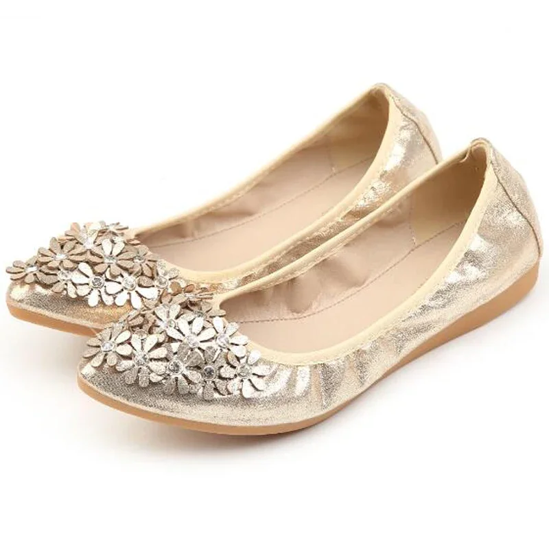 YAERNI  Hot Crystal Flats Ballet Floral Flat Shoes Rhinestone Women Spring Autumn Flower Pointed Toe Golden Shoes Loafers C228