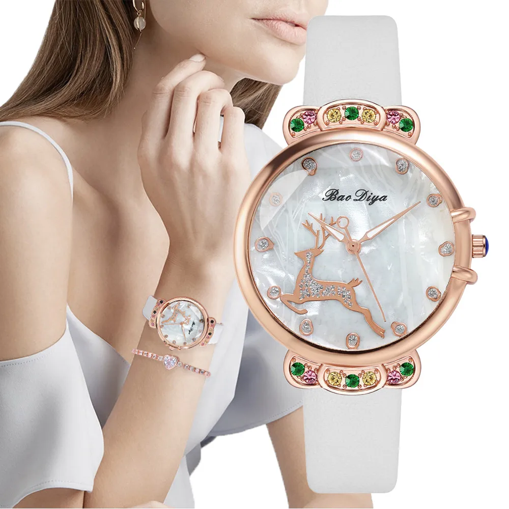 Shell Noodles Dial Design Fawn Diamond Mujeres Relojes de moda Marca Simple Ladies White Leather Wristwatches Mujer Reloj de cuarzo