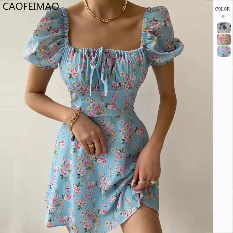 

Summer Boho Floral Print Women Mini Dress Short Sleeve Tie-up Square Collar High Waist Summer A-line Dress Beach Casual Vacation