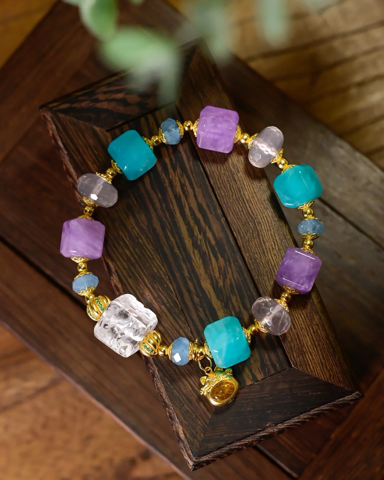 

S925 Sliver Natural Gemstone Square Beads Bracelet, Carved Rock Crystal Energy Cube Amethyst Amazonite Healing Jewelry