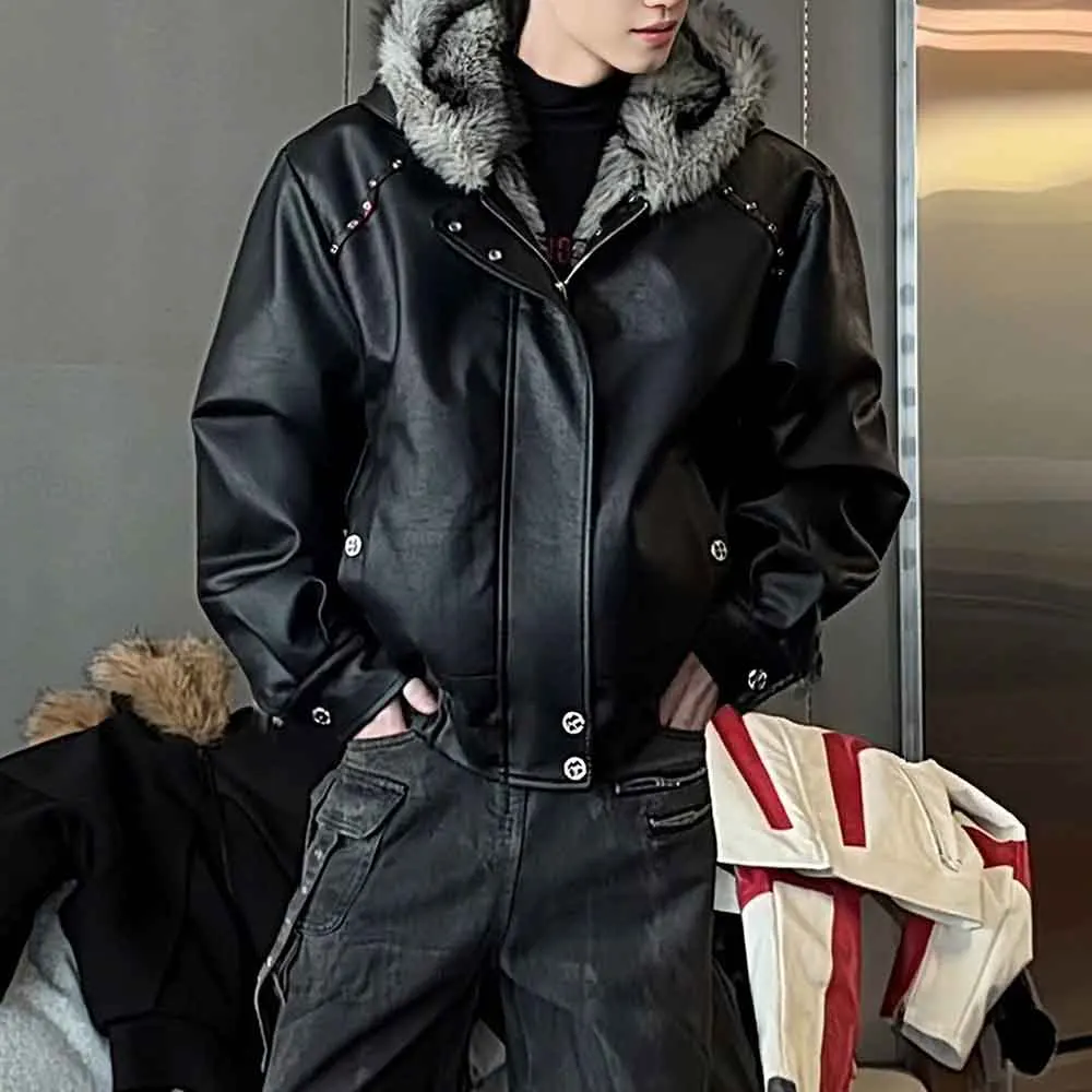 Mens Spring Pu Leather Jacket Fleece Warm Hooded Pu Jacket Streetwear Fashion Outdoor Trendy Versatile Top Men'S Clothing 2026