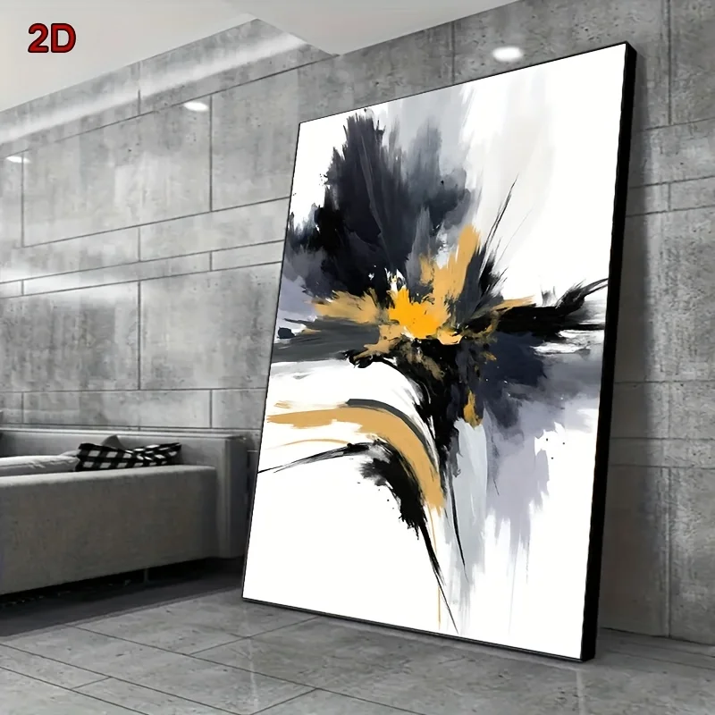 2D شقة، 1PC مجردة الذهبي الأسود الرمادي سبلاش الفن الطباعة - فرملس الحديثة الحد الأدنى قماش جدار الفن، 2D شقة خمر نمط #2