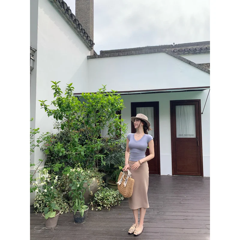 Khaki Slimming Fashionable Split Half-length Skirt Versatile Women's Summer New Style Casual Mid-waist Polyester Fiber