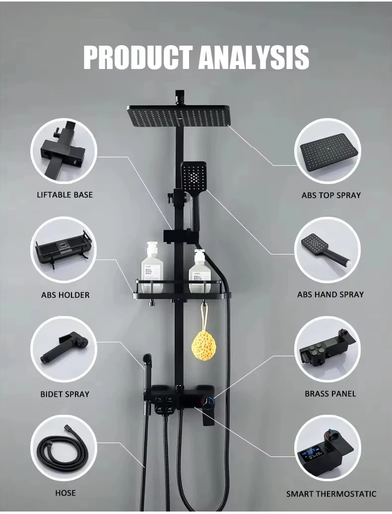 Smart Black Digital Thermostatic Shower Set Brass Faucet TikTok Trend Multi-Function Rainfall Jet Hot Cold Bathroom Rainfall