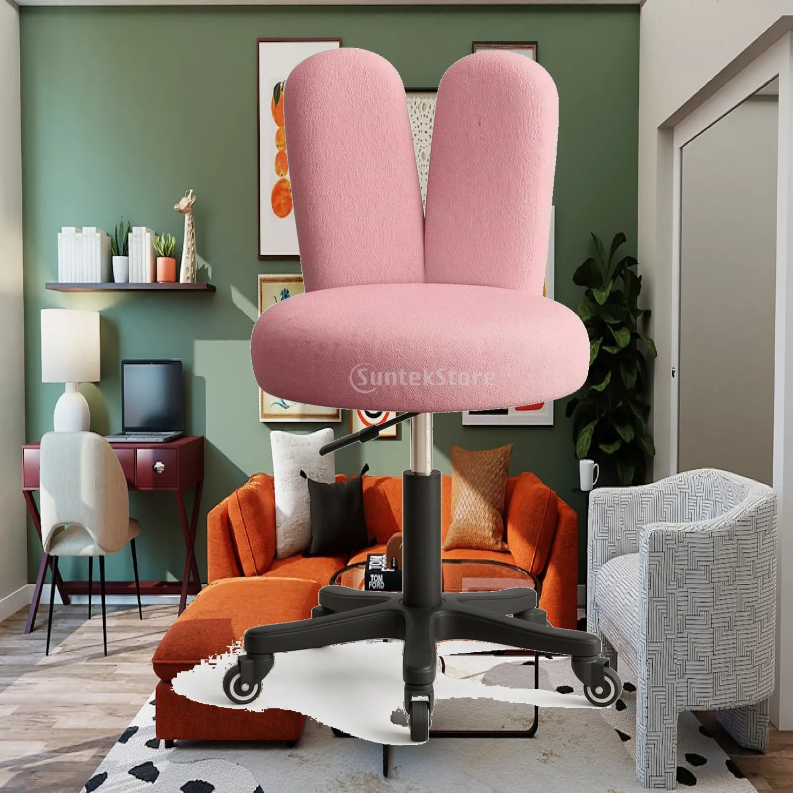 Swivel Caster Stool with Plush Sponge Seat and Cute Bunny Ear Design for Vanity Table Home Study Cozy Seating Option