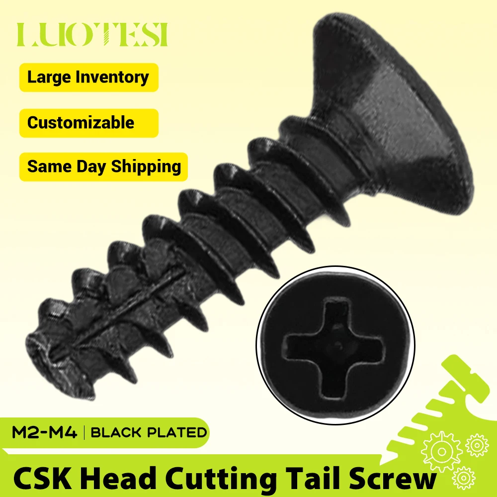 Cross Flat CSK Head Tail-Cut Self-Tapping Screw Black Plated M2 M2.3 M2.6 M3 M3.5 M4 KT Phillips Recessed Cutting Tail Screw