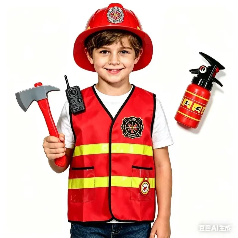 Kids Firefighter Costume Role Play Outfit Helmet Accessories Halloween Fireman Dress Up Uniform for Carnival Party Performance