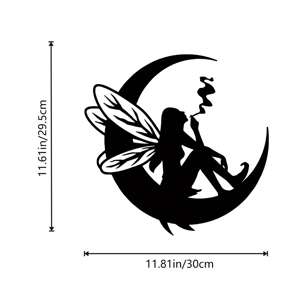 Hiasan dinding peri logam hitam, 1 buah seni dinding fase bulan dekorasi rumah luar ruangan, hadiah peri untuk dekorasi kamar, kerajinan besi