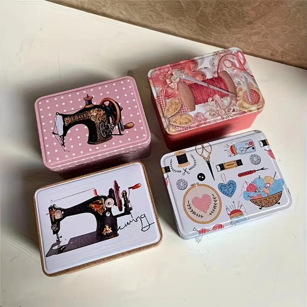 Rectangular Shape Sewing Storage Box Portable Organizer Printed Pattern Thread Storage Box Smooth Metal Surface