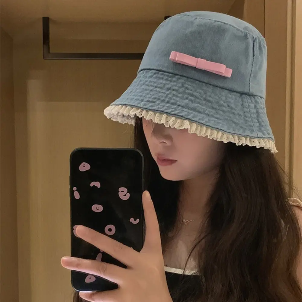 

Casual Big Brimmed Denim Bucket Hat Bow Tie Y2K Lace Fisherman Hat Sunscreen Korean Style Bow Sunscreen Hat Women