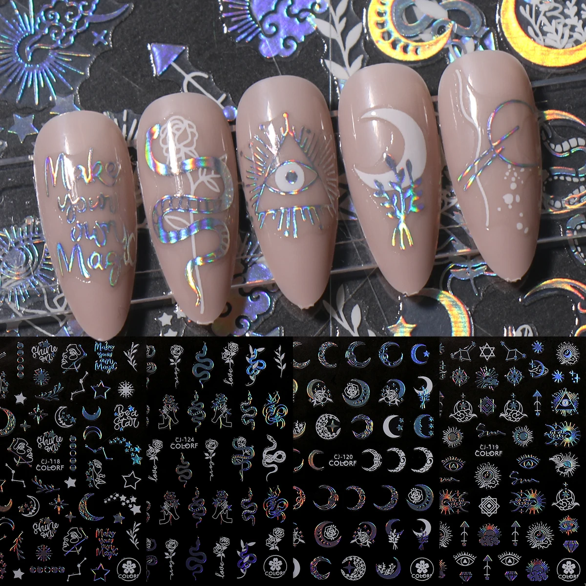 4pcs mysterious star and moon exquisite nail art stickers, easy to apply for nail decoration, DIY, gifts, party makeup styling,