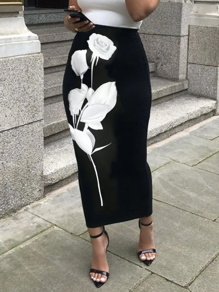 Missuoo Women Black Midi Pencil Skirt White Rose Print High Waist Bodycon Formal Party Midi Skirt 2026 Summer Elegant Bottoms
