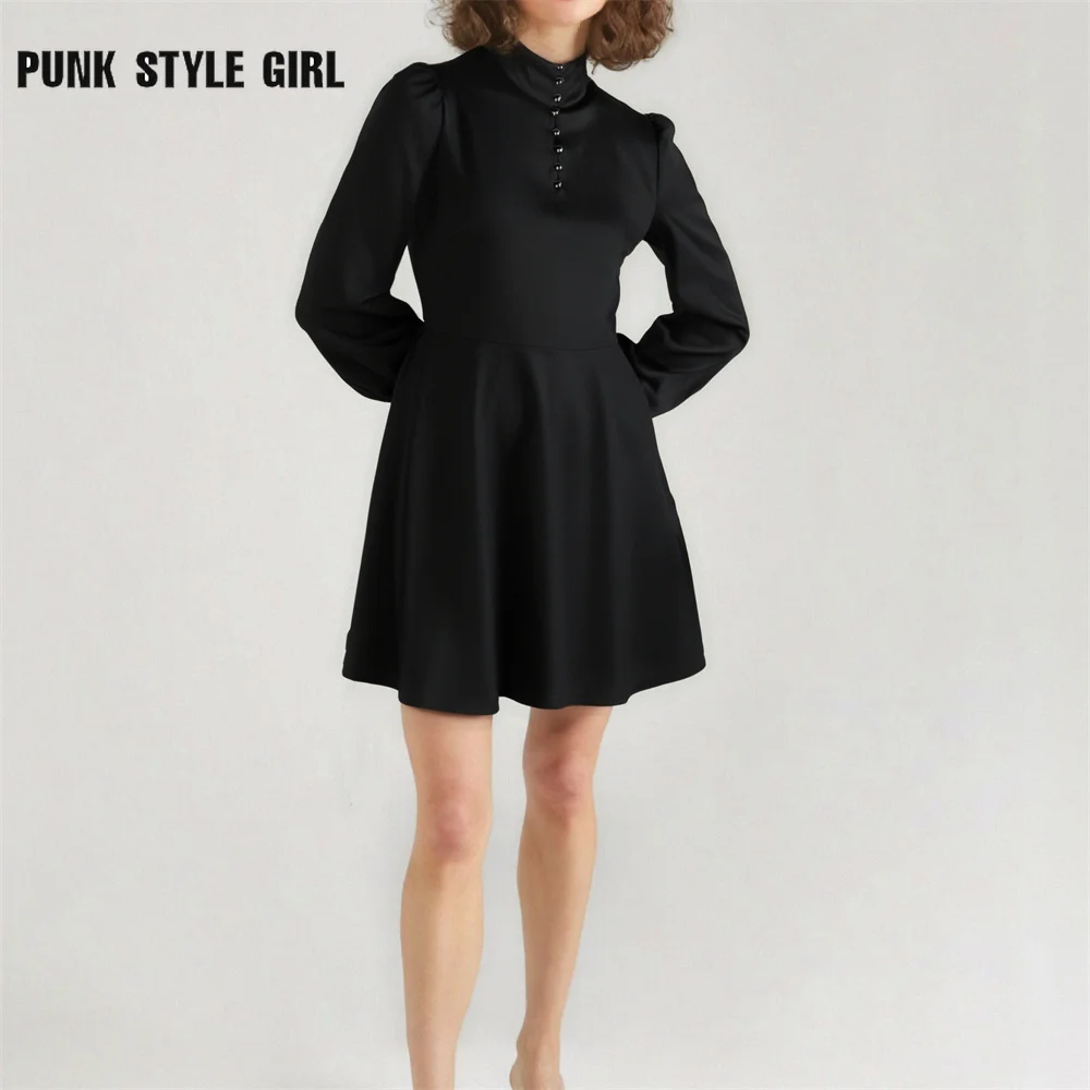 Ins Dark Black Gothic Harajuku Mini Casual Dress Long Sleeve with Lace Button Steampunk Solid A Line Shirt Dance Kpop Dresses