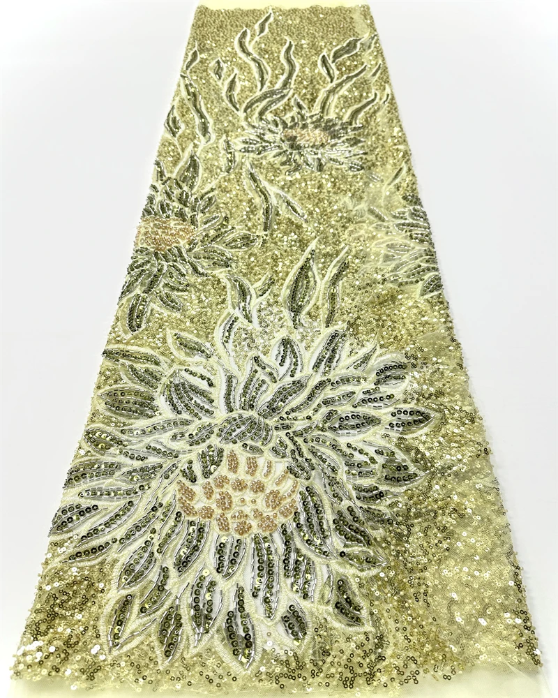 African French Sequined Lace Fabrics  High Quality Tulle Lace Nigerian Beaded Embroidered Dress Material For Party Wedding