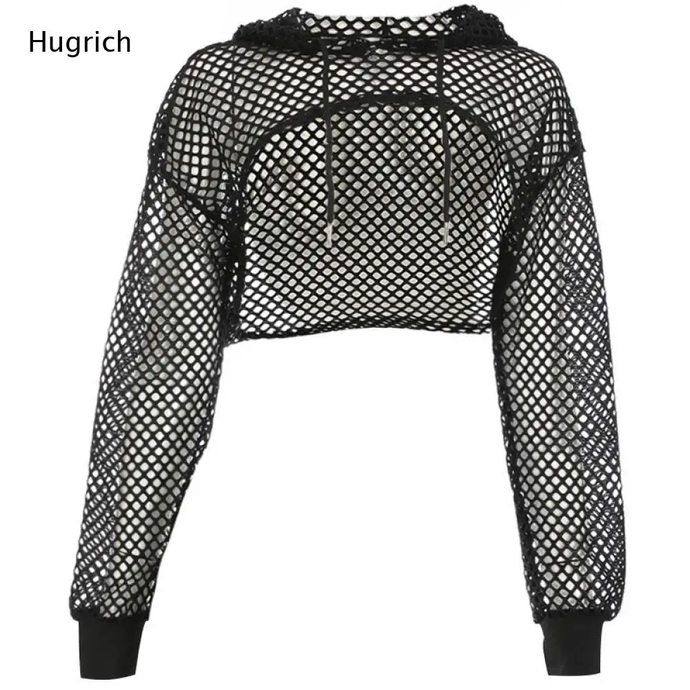 Fishnet Mesh Cropped Hoodie for Women Neon Green Sheer Long Sleeve Cover Up Top for Rave Party.