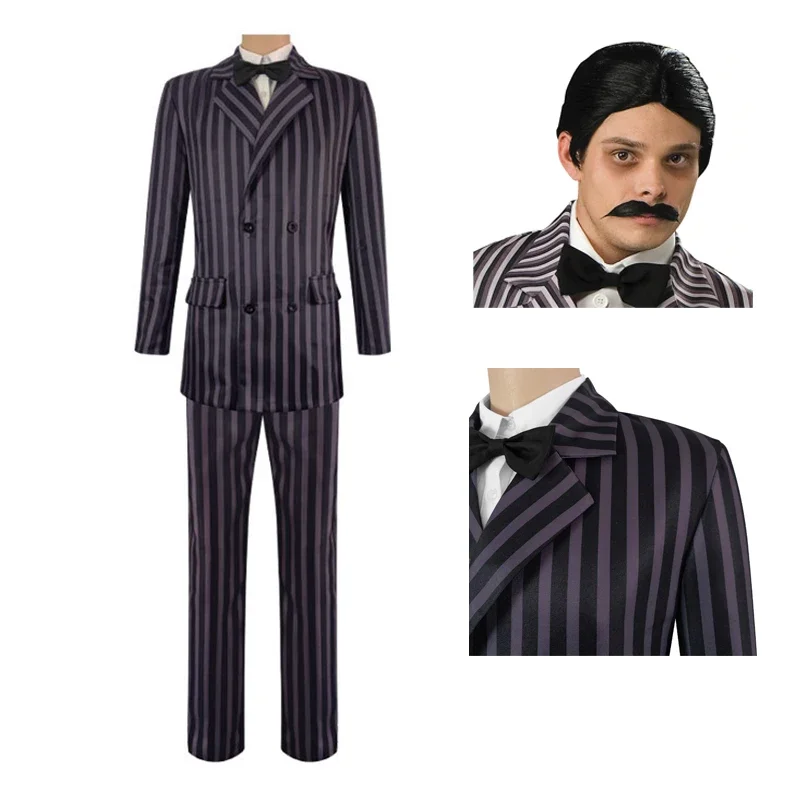 Disfraz de Gomez Addams, traje con peluca para Halloween, Carnaval, fiesta, vestido elegante