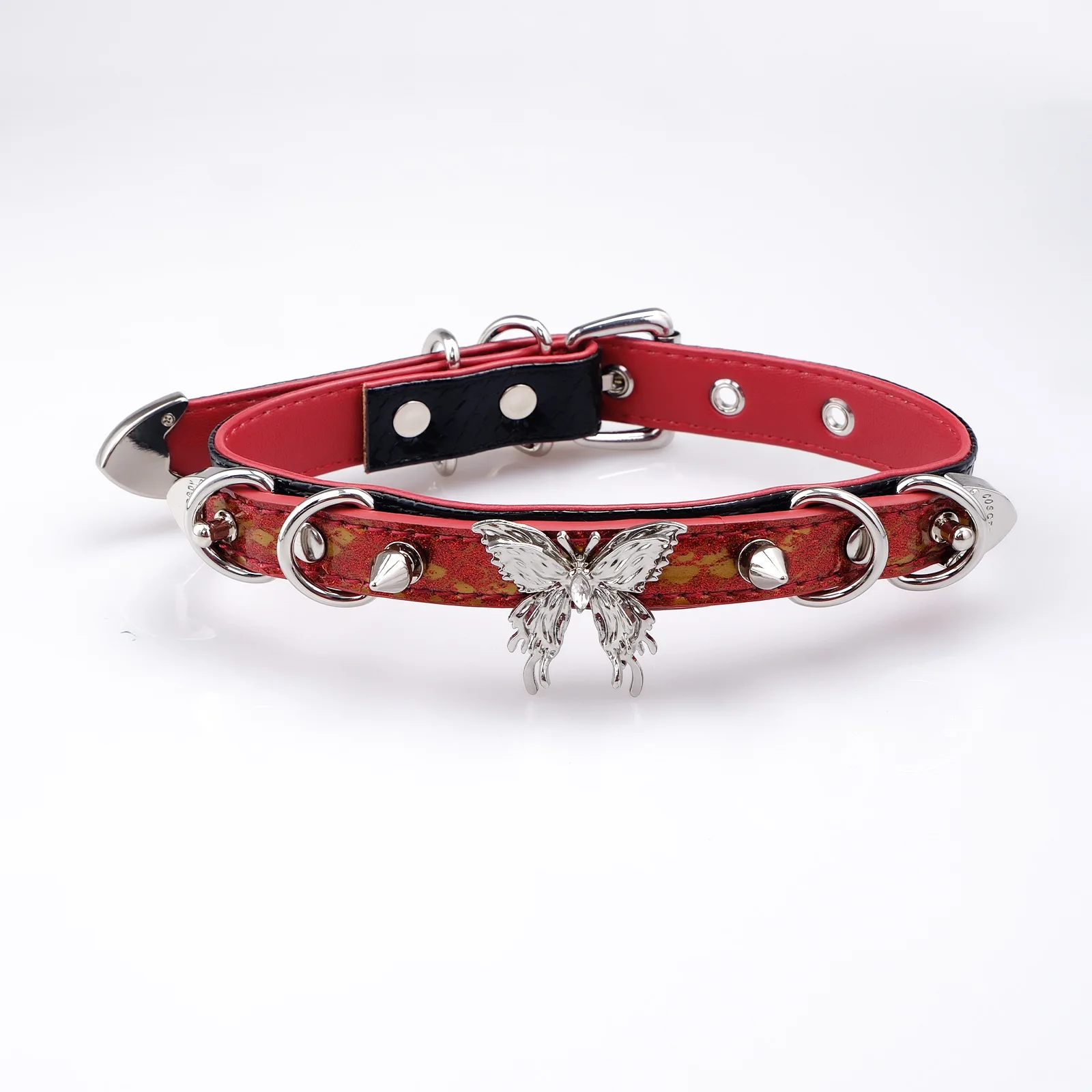 

Butterfly Choker Necklace, Red & Black Faux Leather Collar with Silver Spikes & Butterfly Pendant, Alternative Fashion Jewelry