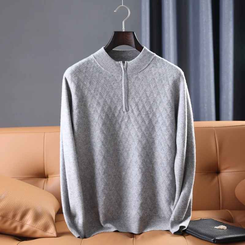 2022 Musim Gugur dan Musim Dingin Sweter Setengah Ritsleting Leher Bulat Pria Tebal 100% Wol High-End Bisnis Rajutan Pullover Atasan Hangat Kasual