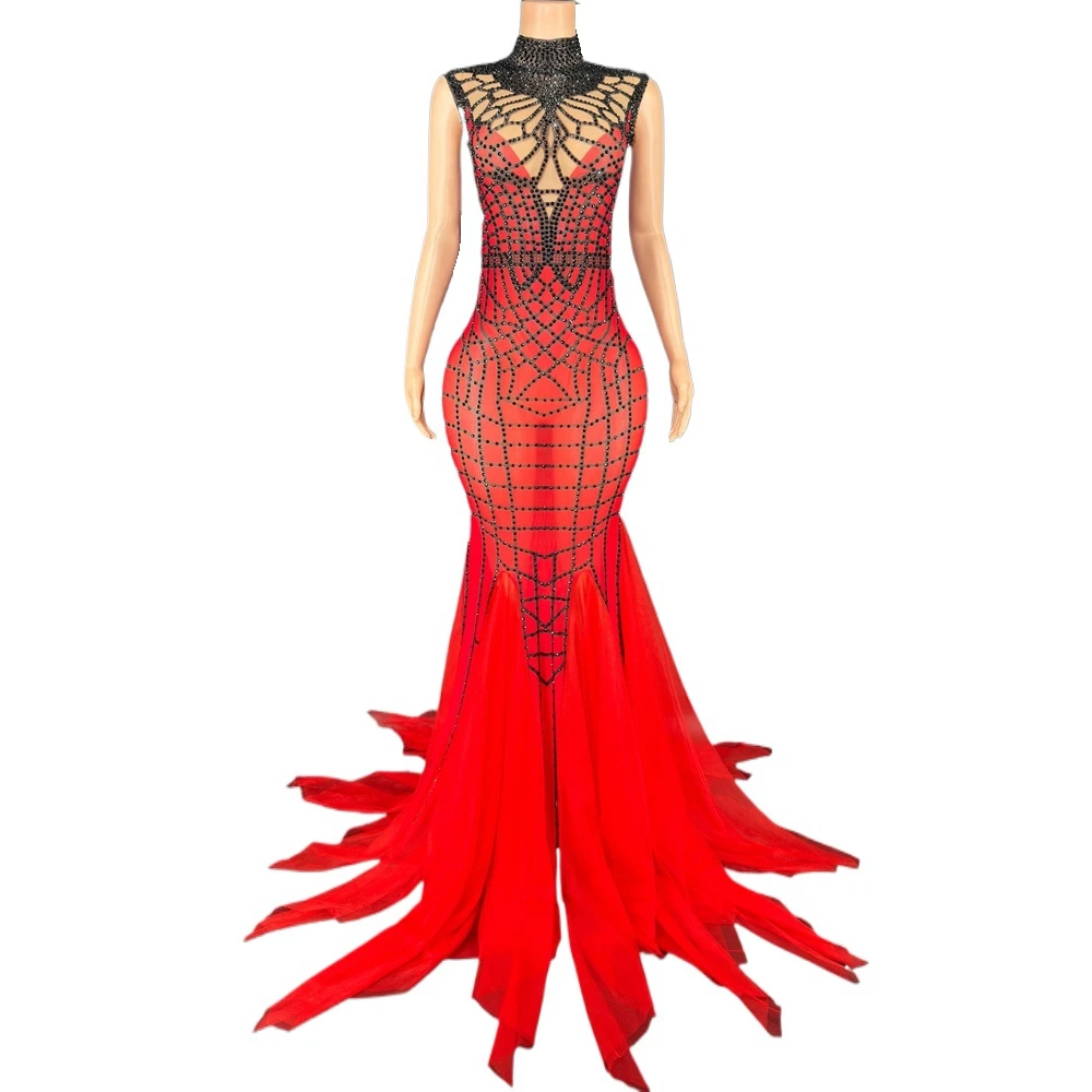 فستان طويل شفاف بأحجار الراين اللامعة للنساء مثير لحفلات العودة للوطن وحفلات التخرج وأعياد الميلاد والاحتفال بملابس التقاط الصور