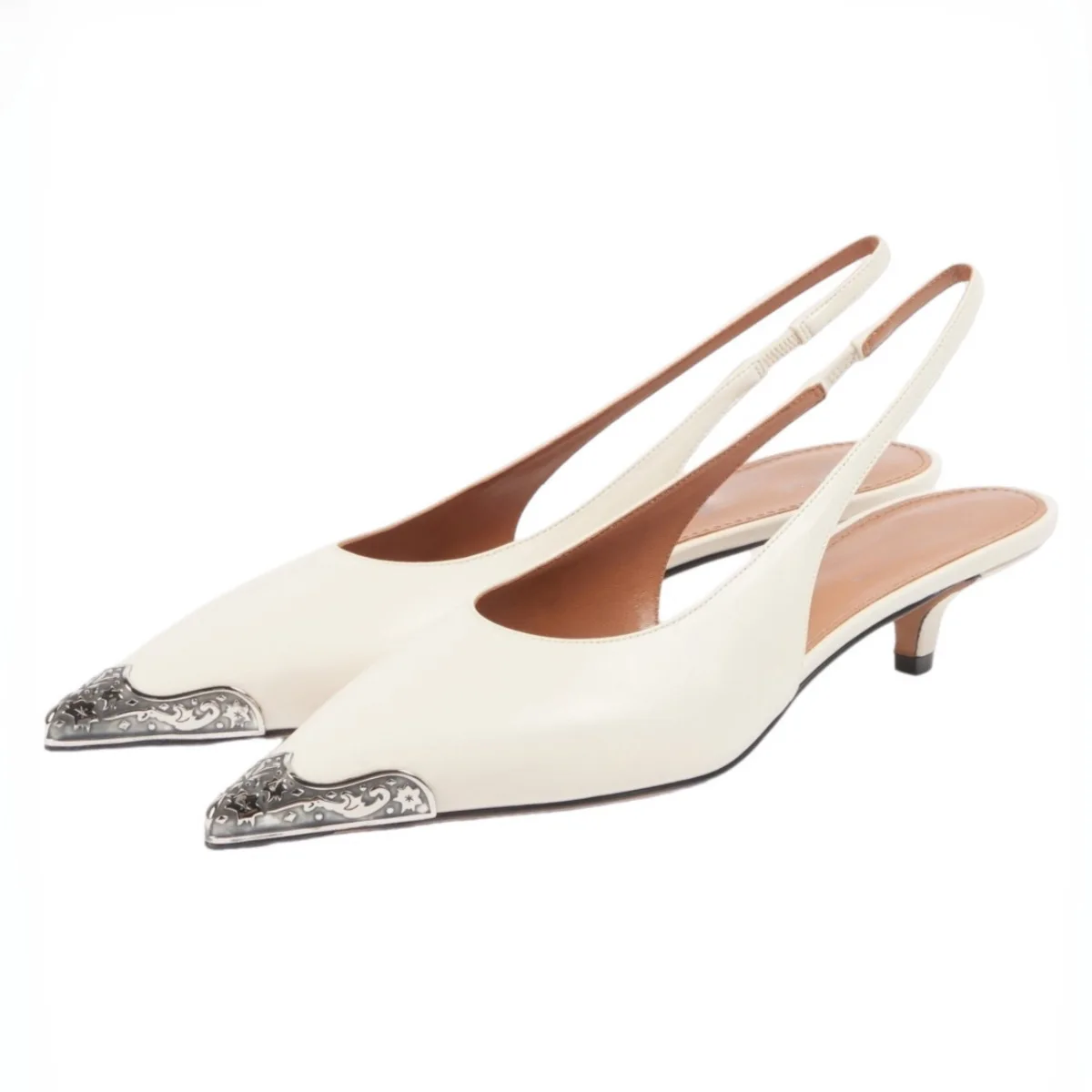 

Women's Western Engraved Metal Pointed Toe Slingback Kitten Heels Vintage Floral Star Carved Toe Cap Backless Denim Fashion
