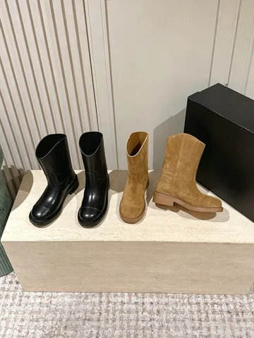Round Toe Mid Calf Western Boots Suede Leather Flat Heel Cowboy Booties Autumn Winter Daily Outdoor Casual Fashion Shoes