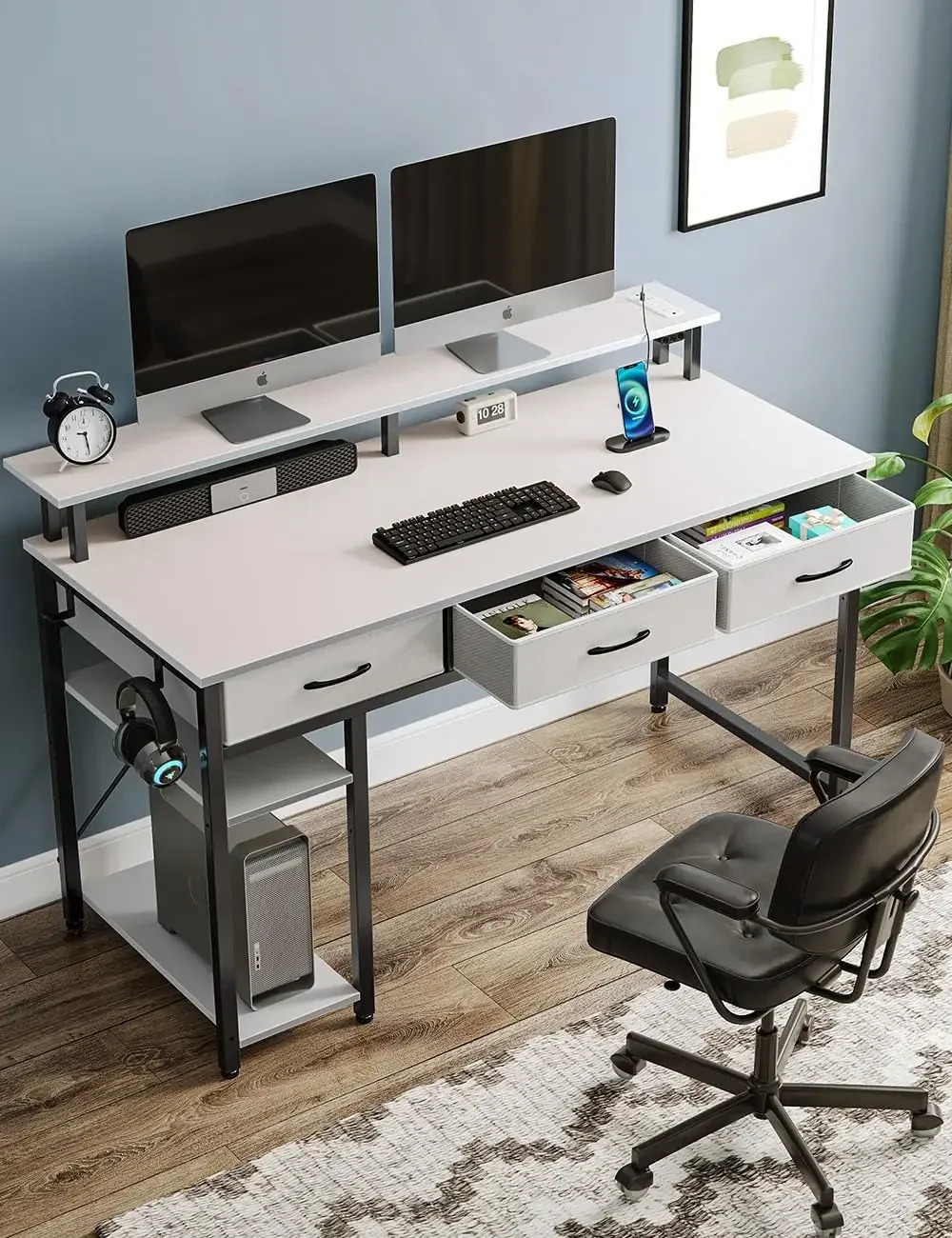 

Computer Desk with Power Outlets&LED Light,39 inch Home Office Desk with 3 Drawers and Storage Shelves