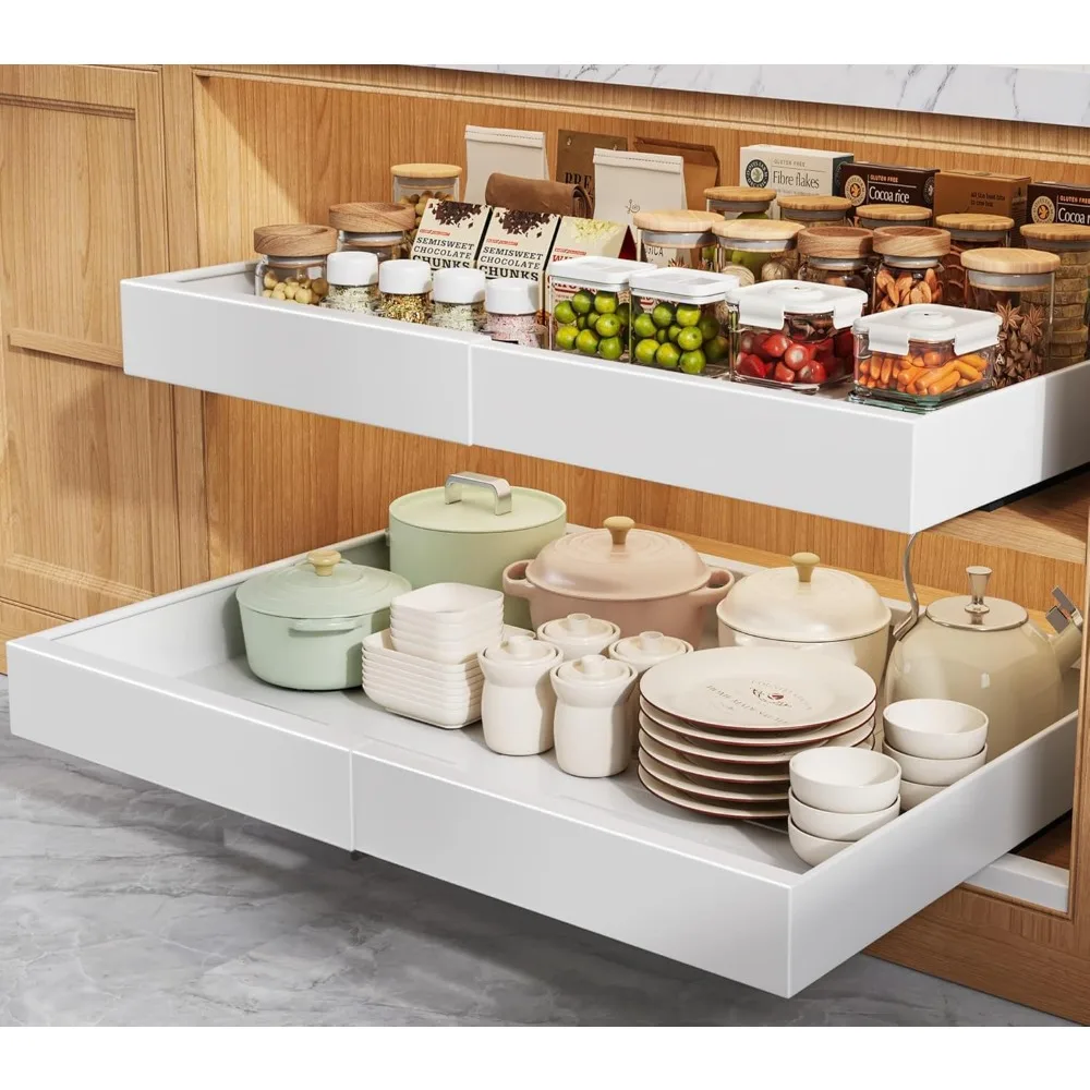 

Pull Out Cabinet Organizer 2 Pack 21 Inch Deep with Raising Pad Expandable Drawer Slides Roll Out Shelves Adhesive White for