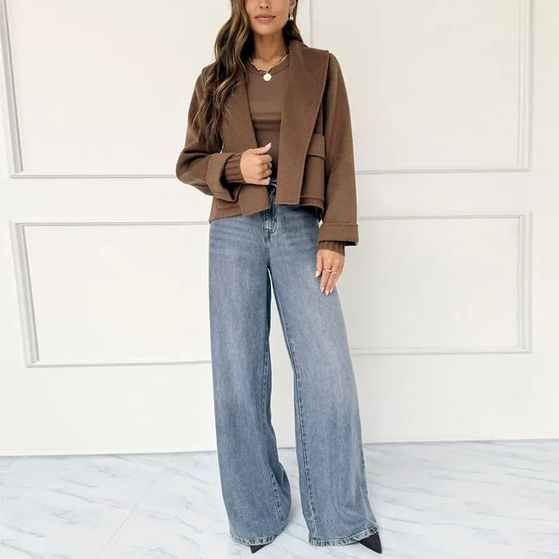 أزياء بسيطة الصلبة معطف الصوف الناعم امرأة التلبيب الياقة المفتوحة غرزة سترة أعلى الخريف الشتاء طويلة الأكمام جيب سترة ملابس خارجية