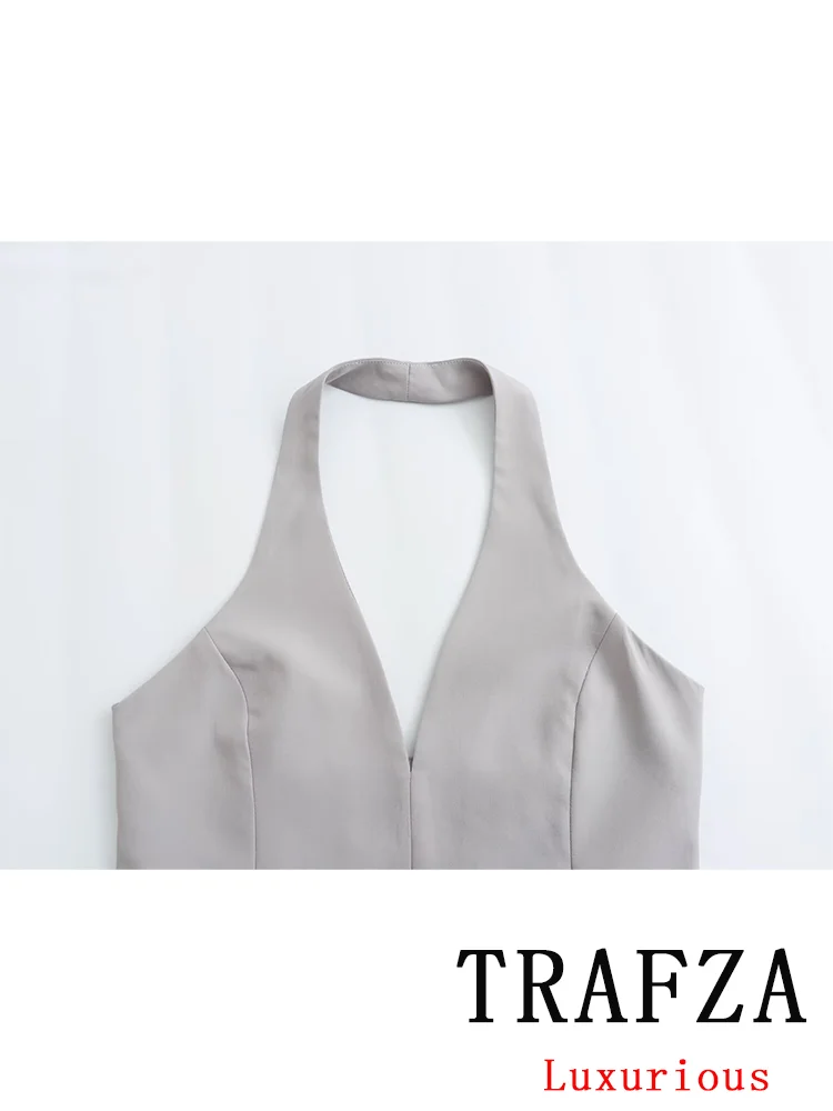 TRAFZA Vintage Casual Sexy Chic Women Tops Solid Zipper O Neck Sleeveless Short Vest Fashion 2024 Spring Party Turtleneck Tops