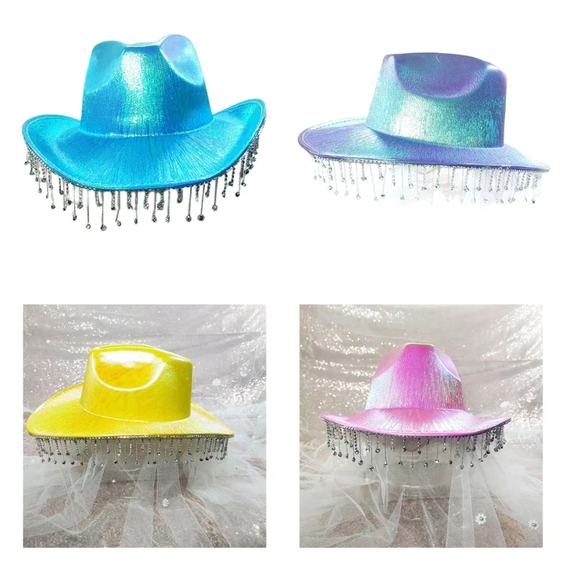 667E Cowboy Hat Tassel Glitter Fedora Hat Shining for Bachelorette Party