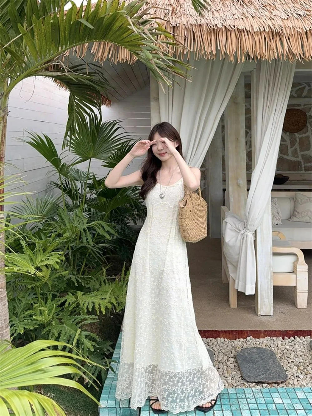 

Pure Desire Embroidery Camisole Dress 2025 Summer Slim Fit Maxi Gown Coquette Aesthetic Elegant Waist Defining Fashion