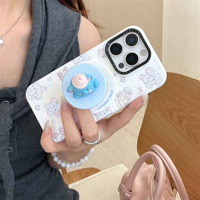 

Kawaii Cartoon Little Elephant Magnetic Phone Case For iPhone 16 Pro 15 14 13 Pro Max Cover with Magsafe Stand Holder Hard Cases