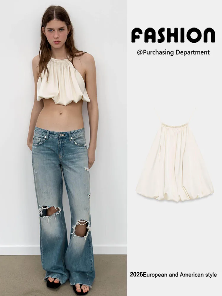 Summer New Women's Fashion Balloon Sleeve Satin Neckline Short Top Versatile Elegant Chinese Style Clothing Ladies' Premium