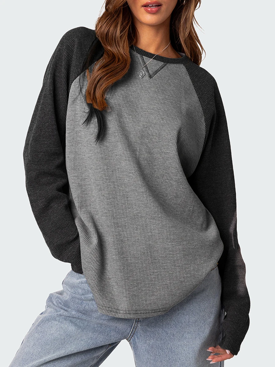 Women'S Autumn Loose Fitting Pullover, Contrasting Long Sleeved Round Neck Waffle Sweatshirt Color Blocked Round Neck Sweatshirt