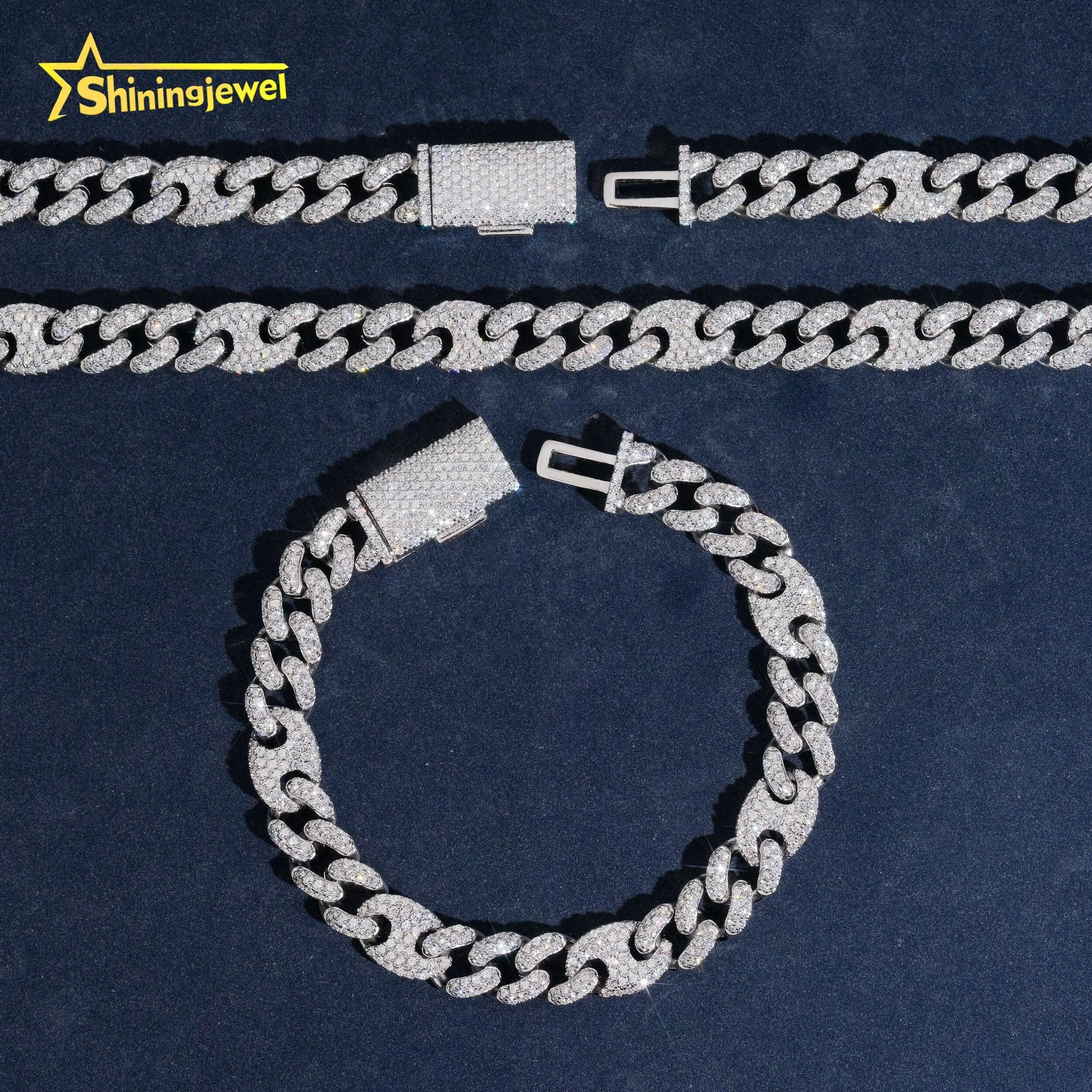 Jewelry Fine Hip Hop Style 925 Silver Iced Out 9mm Silver Moissanite Diamond Cuban Link Chain..