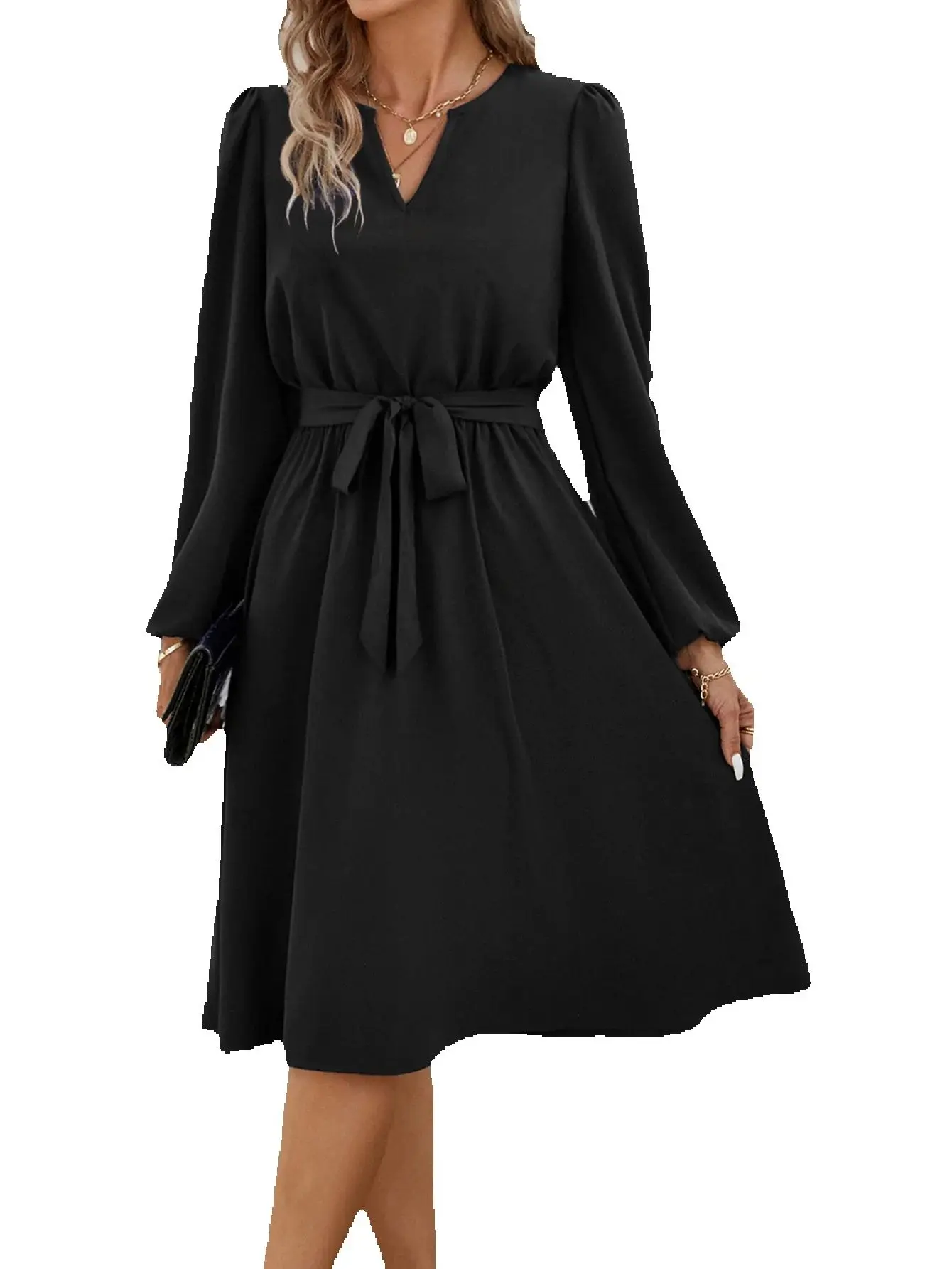 2024 Autumn And Winter New Women's Clothing Hot Sale Long-sleeved Small V-neck Strap Dress A-line Skirt U-neck Full Sleeves